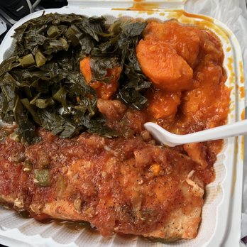 Rib Shack - Sweet Chili Salmon, yams and greens - Soul Food Near Me - Jamaica, New York Rib Shack - Sweet Chili Salmon, yams and greens - Soul Food Near Me - Jamaica, New York