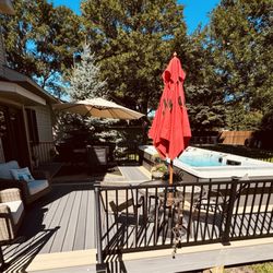 Master Pool & Spa - Another viewing angle of our entire deck. The 3 step stairs go down to our stamped concrete patio.