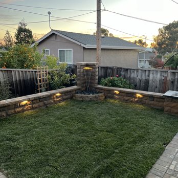 Flatstone Landscaping - New grass and fountain with retaining wall - Landscaping Near Me - San Jose, California