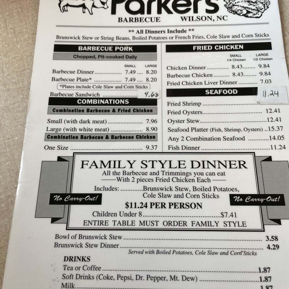 Parker's - a menu for a family style dinner - Barbeque Near Me - Wilson, North Carolina Parker's - a menu for a family style dinner - Barbeque Near Me - Wilson, North Carolina