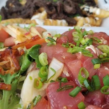 Flyin' Ahi - Front to back: Shoyu Ahi, Kalbi Fries, Spicy Ahi - Food Trucks Near Me - Mililani, Hawaii
