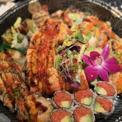 Miku Sushi - Our takeout order that they put into a platter tray, great presentation - nom nom nom