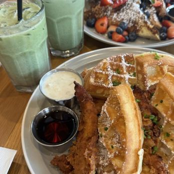 Poached Kitchen - chicken waffle with matcha - Breakfast & Brunch Near Me - Irvine, California Poached Kitchen - chicken waffle with matcha - Breakfast & Brunch Near Me - Irvine, California