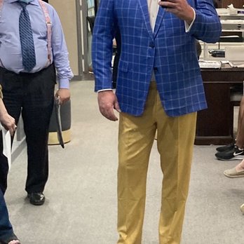 Alan David Custom - Custom blazer and pants as salesman David looks on in backround - Men's Clothing Near Me - New York, New York