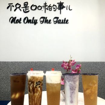 Feng Cha Teahouse - From left to right: Fresh Lemon Black Tea, Creme Brûlée Dirty Boba, Jasmine Tea with Cheese Foam, Purple Reign, The Citrus Lord - Bubble Tea Near Me - Costa Mesa, California