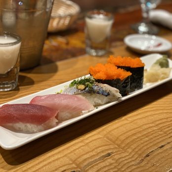 Tokio - Left to right: Tuna, yellowtail, mackerel, masago - Ramen Near Me - Denver, Colorado Tokio - Left to right: Tuna, yellowtail, mackerel, masago - Ramen Near Me - Denver, Colorado