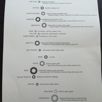Alinea - Menu from Alinea pop-up in Miami (March 2015) - New American Near Me - Chicago, Illinois
