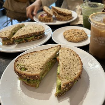 Central Perk Cafe - Veggie sandwich + grandma's cookie + the moist maker (in the back) with a vanilla latte and matcha latte - Coffee & Tea Near Me - Boston, Massachusetts