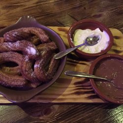 Tapas Mayas - Churros with real melted white chocolate and milk chocolate!