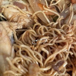 a plate of noodles and meat a plate of noodles and meat
