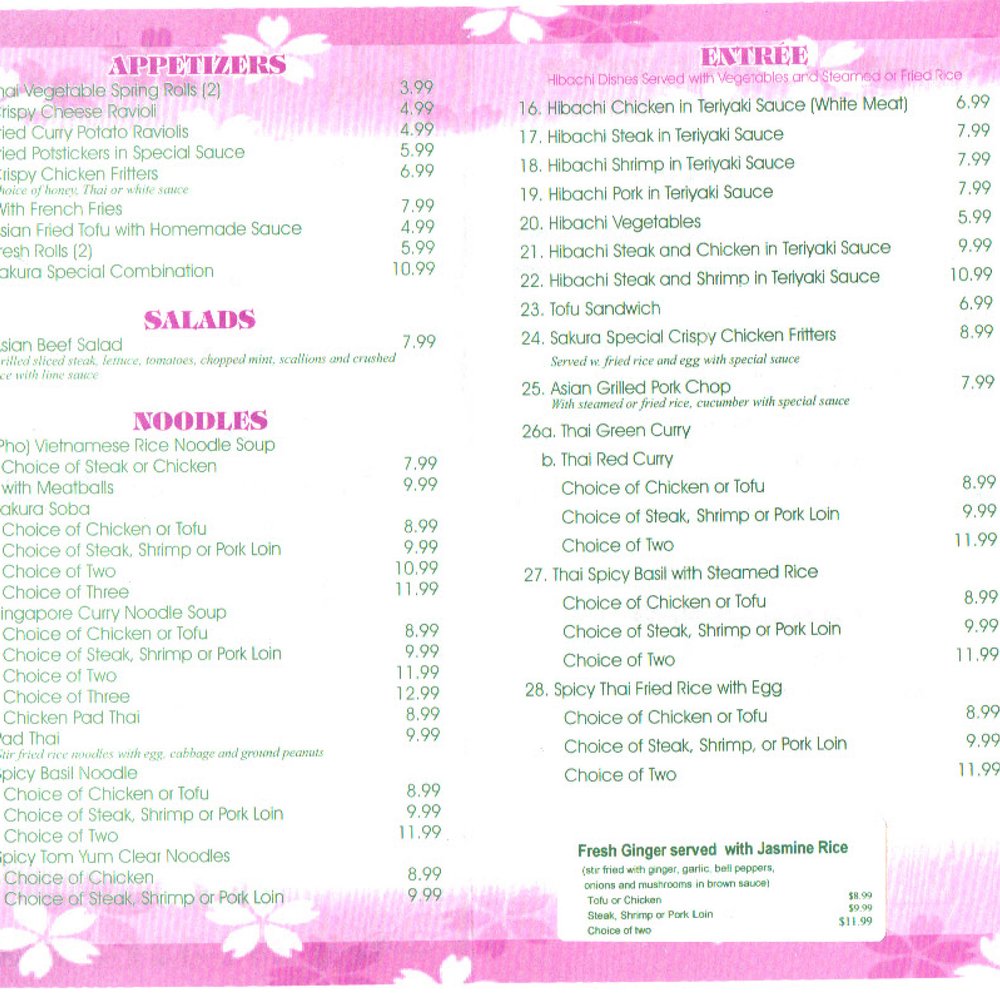 Sakura Asian Express - Scanned and uploading menu, two parts since my scanner only does 8x11. - Thai Near Me - Greenville, North Carolina