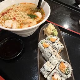 Ramen (with a side of chili oil and siracha) + shrimp tempura roll