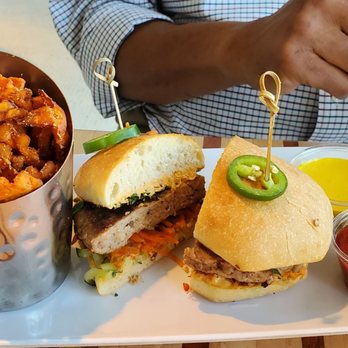Root Down DIA - Turkey Burger with sweet potato waffle fries - New American Near Me - Denver, Colorado