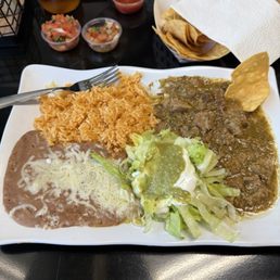 This is some amazing food right here! The Chile Verde plate with rice and beans and salad. This is some amazing food right here! The Chile Verde plate with rice and beans and salad.