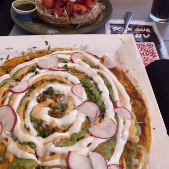 Tostadas - Pizzadilla best I've ever had. They have the best hot sauce too. Also Churro Waffle was delicious with strawberries on top. - Breakfast & Brunch Near Me - San Jose, California