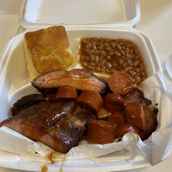 Bowlegged BBQ - Sampler with brisket, sausage, ribs, beans, and cornbread - Barbeque Near Me - San Diego, California