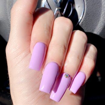 Megan's Nails Salon - Second visit! New set from Kayla. PERFECTION. I got so many compliments on this set!! Lavender coffin with rhinestone on ring finger. - Nail Salons Near Me - Hayward, California