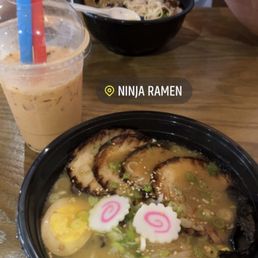 From front to back: Miso Ramen, Thai boba milk tea, beef ramen