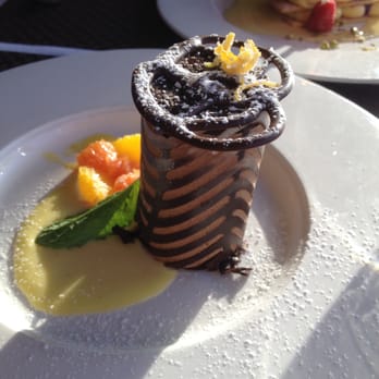 360 Restaurant - Dark Chocolate Tower with Fresh Orange (Grand Marnier crème Anglaise) - Canadian (New) Near Me - Toronto, Ontario