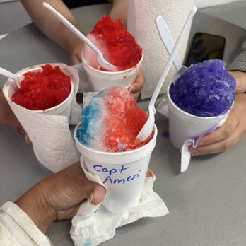BAM! Snoballs - Capt. american, Wakanda, strawberry peach, Smalls (12oz) - Shaved Ice Near Me - Pensacola, Florida