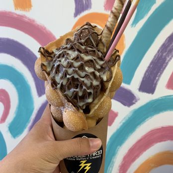 Double Three - Original waffle, chocolate ice cream, pocky sticks, pirouette, ferrero rocher, with nutella and condensed milk drizzle. - Ice Cream & Frozen Yogurt Near Me - Honolulu, Hawaii