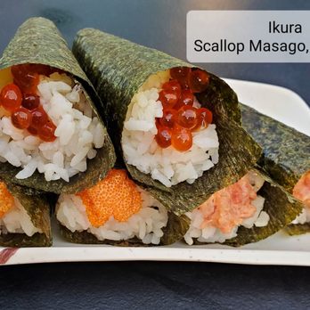 Kats Sushi - Ikura, Scallop Masago, and Spicy Ahi Hand Rolls. - Sushi Bars Near Me - Honolulu, Hawaii