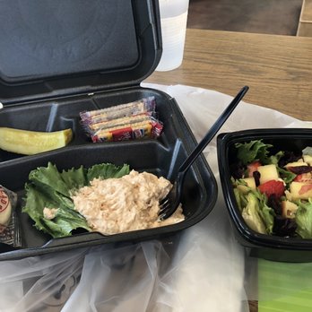 Chicken Salad Chick - My carry out lunch, the Barbie Q salad, crackers and side classic salad - Southern Near Me - Houston, Texas Chicken Salad Chick - My carry out lunch, the Barbie Q salad, crackers and side classic salad - Southern Near Me - Houston, Texas