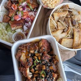 Mochiko Chicken, Pork Belly, Fat Chow Funn, macaroni salad Mochiko Chicken, Pork Belly, Fat Chow Funn, macaroni salad