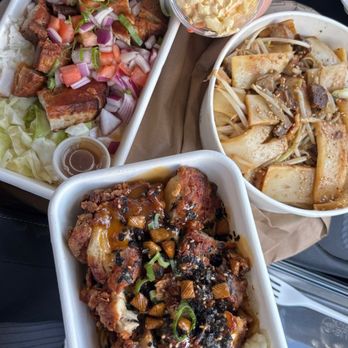Tin Roof Maui - Mochiko Chicken, Pork Belly, Fat Chow Funn, macaroni salad - Hawaiian Near Me - Kahului, Hawaii Tin Roof Maui - Mochiko Chicken, Pork Belly, Fat Chow Funn, macaroni salad - Hawaiian Near Me - Kahului, Hawaii
