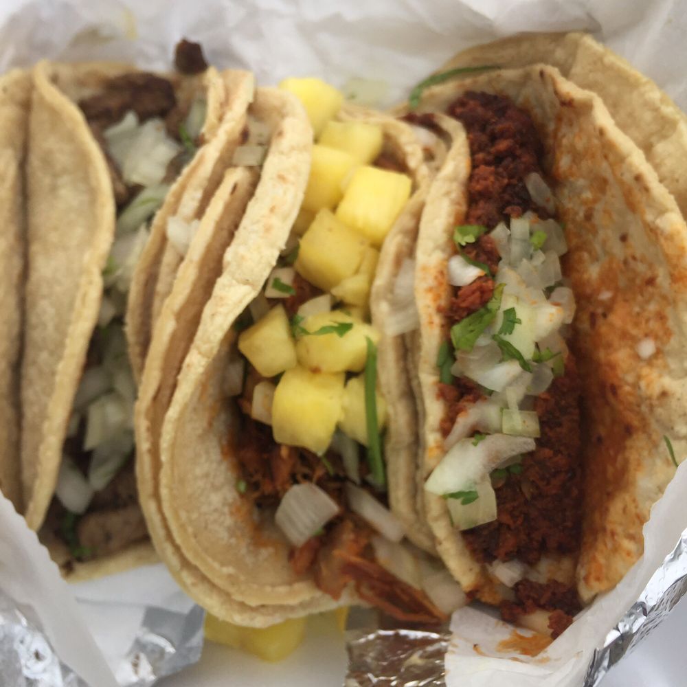 Mexican Republic Kitchen & Cantina - Left to Right - carne asada w/onions & cilantro, pork w/pineapple & chorizo (way too salty) - Mexican Near Me - Forest Park, Illinois Mexican Republic Kitchen & Cantina - Left to Right - carne asada w/onions & cilantro, pork w/pineapple & chorizo (way too salty) - Mexican Near Me - Forest Park, Illinois