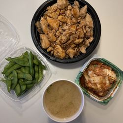 Niko Niko Sushi - Chicken teriyaki over rice, miso soup, kimchi and edamame.