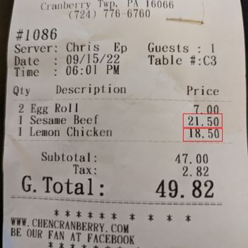 Chen’s - menu price $20, $17.  Actual charge $21.5,$18.5. - Chinese Near Me - Cranberry Township, Pennsylvania