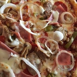 This is the Tiano's Special: Pepperoni, Sausage, Ham, Hamburger, Onions, Mushrooms, Green Peppers! AMAZING!