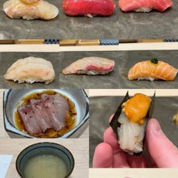 Omakase (10 pieces of nigiri, tuna hand roll, whitefish appetizer, miso soup, matcha pudding) Omakase (10 pieces of nigiri, tuna hand roll, whitefish appetizer, miso soup, matcha pudding)