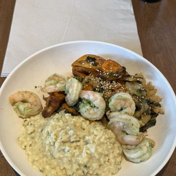 Flower Child - Shrimp plate with Red Chile Glazed Sweet Potato and Cauliflower "Risotto" (minus the crumbs) - Salad Near Me - Houston, Texas Flower Child - Shrimp plate with Red Chile Glazed Sweet Potato and Cauliflower "Risotto" (minus the crumbs) - Salad Near Me - Houston, Texas