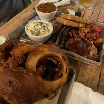 Del's Hideout - BBQ platter for two with baked beans, potato salad and onion rings. - Barbeque Near Me - San Diego, California