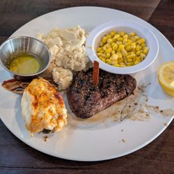 Chuck's Roadhouse Bar and Grill - Tip sirloin and lobster tail dinner. I upgraded the fries to mashed potatoes.