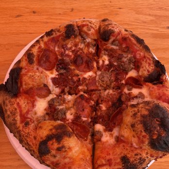 Sauced Wood Fired Pizza - 3 meat - Pizza Near Me - Fairview Park, Ohio Sauced Wood Fired Pizza - 3 meat - Pizza Near Me - Fairview Park, Ohio
