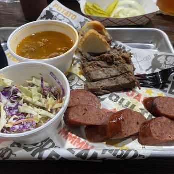 492 Bbq - Two meat plate, fajitas and sausage. Rice and beans mixed with coleslaw for sides. - Barbeque Near Me - Mission, Texas 492 Bbq - Two meat plate, fajitas and sausage. Rice and beans mixed with coleslaw for sides. - Barbeque Near Me - Mission, Texas