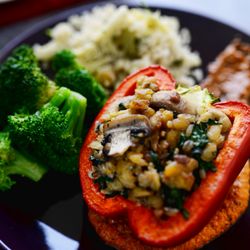 Kitchen Curative - Stuffed Pepper | Romesco | Dino Kale | Mushrooms | Grains | Lemon Quinoa | Steamed Broccoli | Vegan