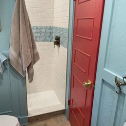 Walk in shower and strawberry red door Walk in shower and strawberry red door