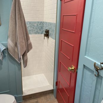 Fit Build Construction - Walk in shower and strawberry red door - General Contractors Near Me Fit Build Construction - Walk in shower and strawberry red door - General Contractors Near Me