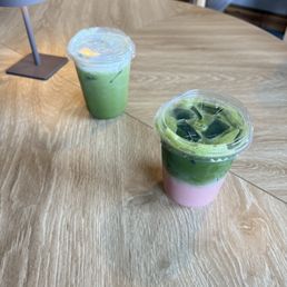 Here's the banana caramel matcha and strawberry matcha! i love this coffee shop, consistently good and some of my favorite matcha Here's the banana caramel matcha and strawberry matcha! i love this coffee shop, consistently good and some of my favorite matcha