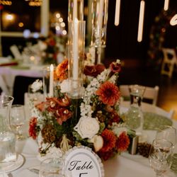 D'Lily's Flower - Floral table centerpiece with tall glass candles