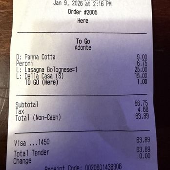Pazzo Pastaria - 2 entrees, 1 dessert, 1 ice cold Peroni beer receipt $63.89 seems reasonable for quality & quantity ! - Italian Near Me - San Antonio, Texas