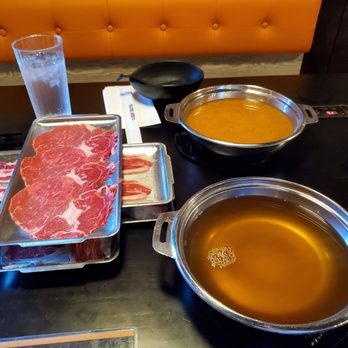 Shabuya - Spicy Miso Broth (top), Original House Broth (bottom), lots of meat (left) - Soup Near Me - Milpitas, California
