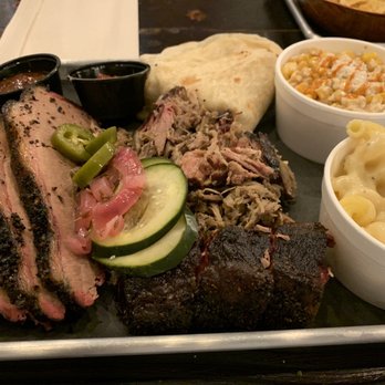 Mija Barbecue - Two-meat plate with brisket and pulled pork, with Mac and cheese and elote - Barbeque Near Me - Cedar Hill, Texas Mija Barbecue - Two-meat plate with brisket and pulled pork, with Mac and cheese and elote - Barbeque Near Me - Cedar Hill, Texas
