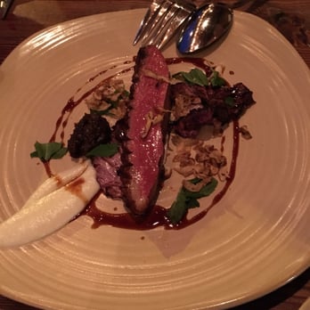Terra Plata - Duck Breast ($32) - celeriac purée, medjool dates, treviso, orange vinaigrette, manchego, mint, duck jus - New American Near Me - Seattle, Washington