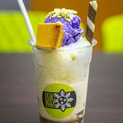 Maemax Market - Maemax Halo-halo.  A cold dessert packed with  sweetened fruits, flan, and topped with ube ice cream.