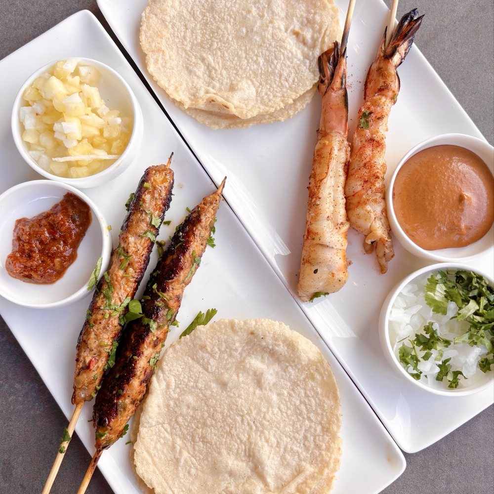 Bar Tako - Tsukune: Pork, chicken, shiso, yuzu kosho, tortillas ($18) + Togarashi Shrimp w/ beer glaze, mole aioli, tortillas ($18) - Japanese Near Me - San Jose, California